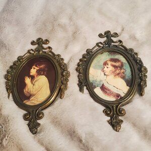 Vintage Pair of Italian Ornate Brass Small Oval Frames